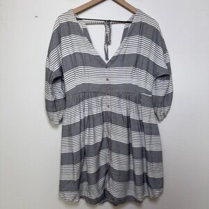 Free People Women Mini Dress Medium Gray Boho Striped Cottagecore Pockets